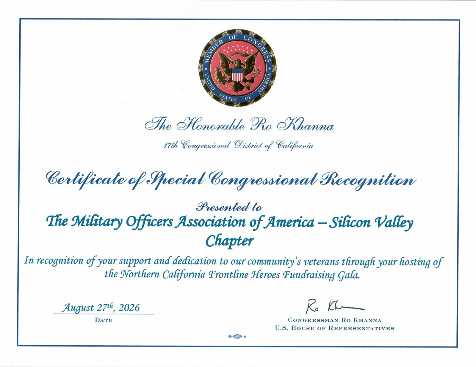 Certificate of Special Congressional Recognition from Congressman Ro Khanna